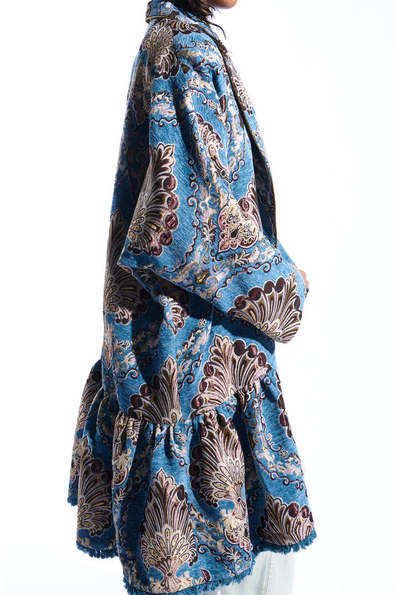 Paisley Jacquard Peplum Coat, Alternate, color, BLUE/ BROWN