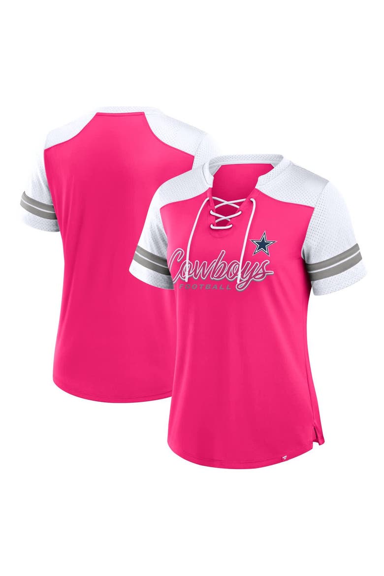 Women's Fanatics Pink Dallas Cowboys Play Script Lace-Up T-Shirt, Main, color, Pink