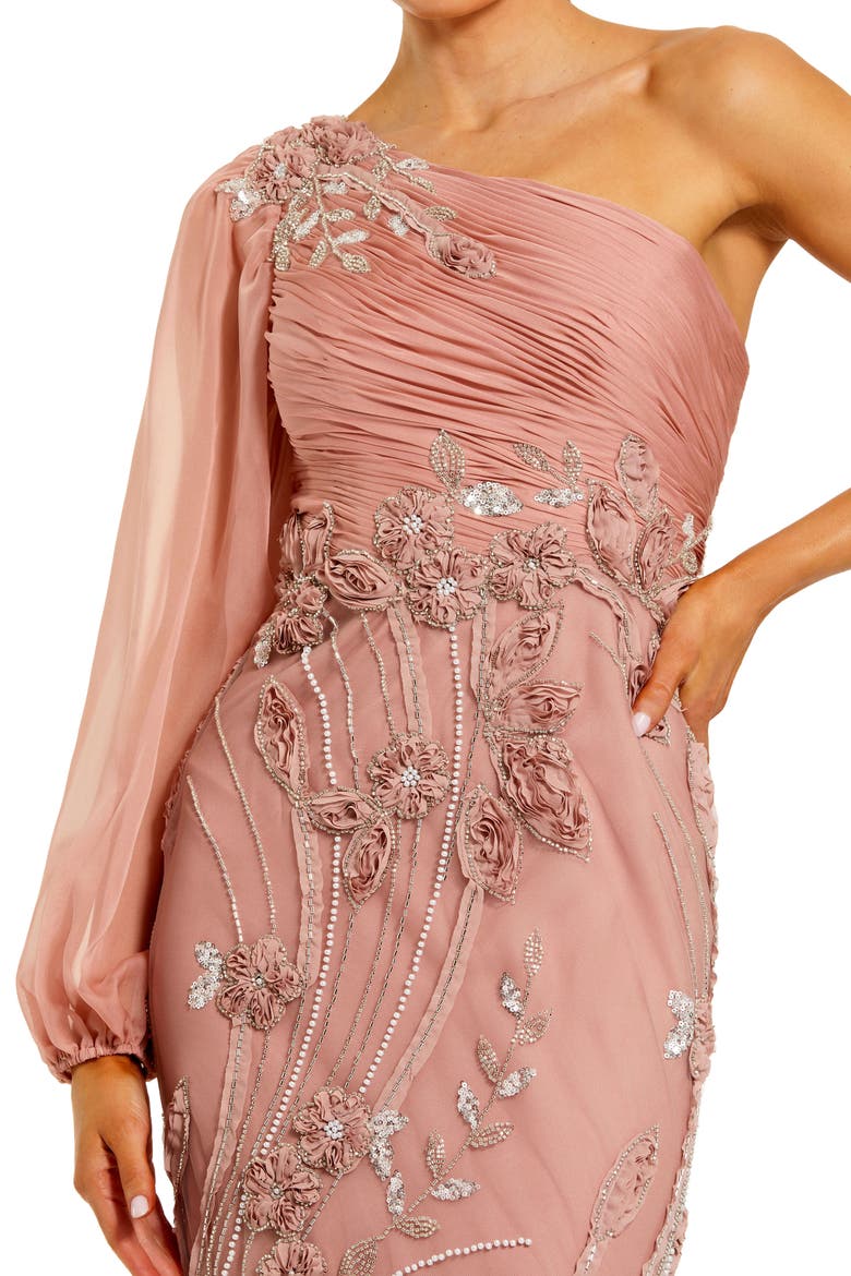 One Shoulder Chiffon Gown with Embroidered Floral Skirt, Alternate, color, Mocha