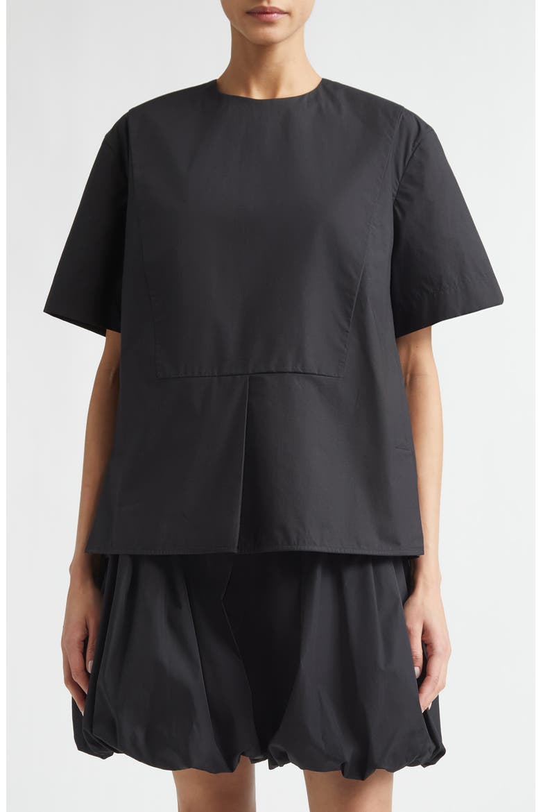 Plastron Back Button Cotton Poplin Top, Main, color, BLACK