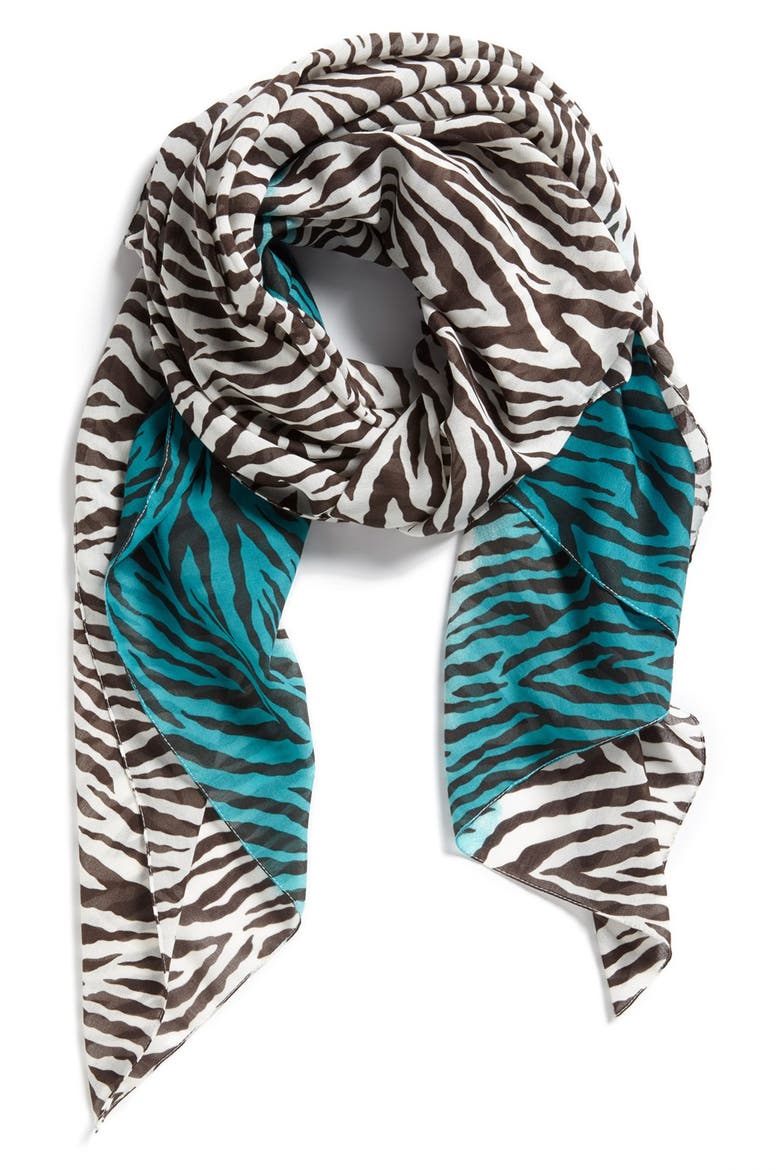 Zebra Print Scarf, Main, color, WHITE/ BROWN