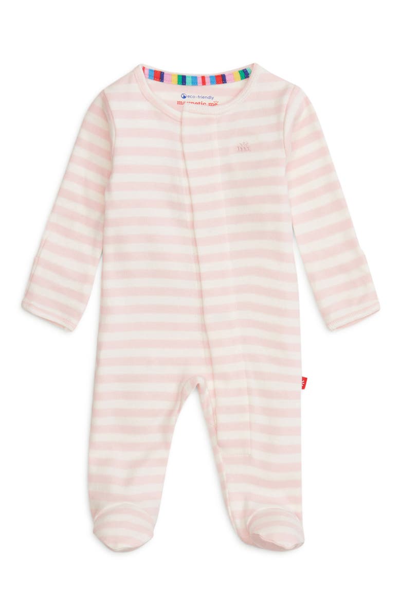 Pink Stripe Organic Cotton Magnetic Footie, Main, color, WHITE