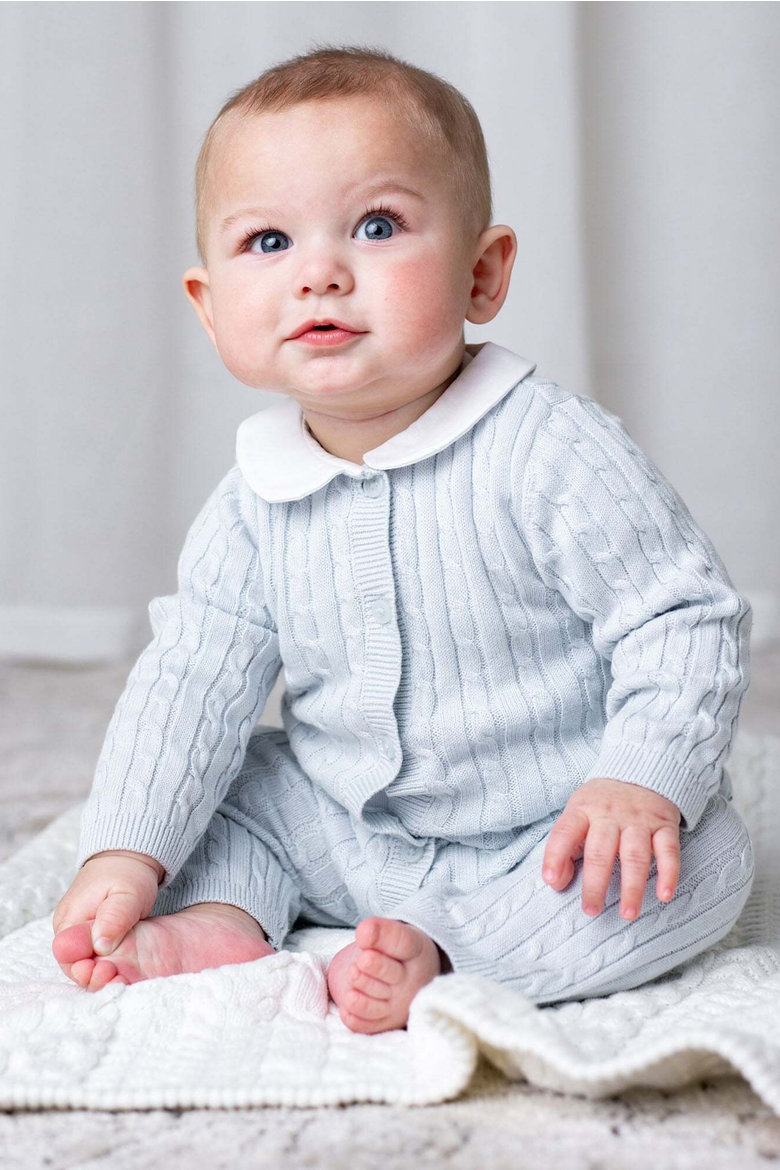 Baby Organic Cable-knit Peter Pan Collar Romper Gift Set, Alternate, color, Pale Blue