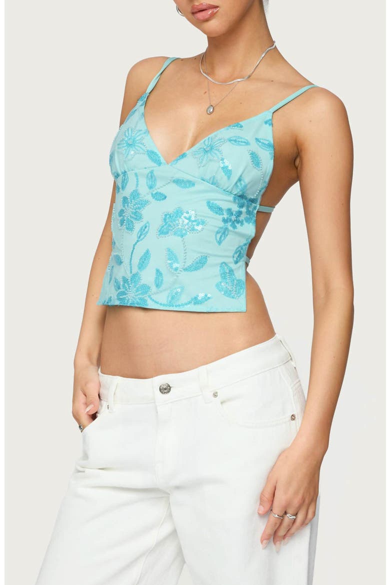 Pia Sequin Flower Open Back Camisole, Alternate, color, TURQUOISE