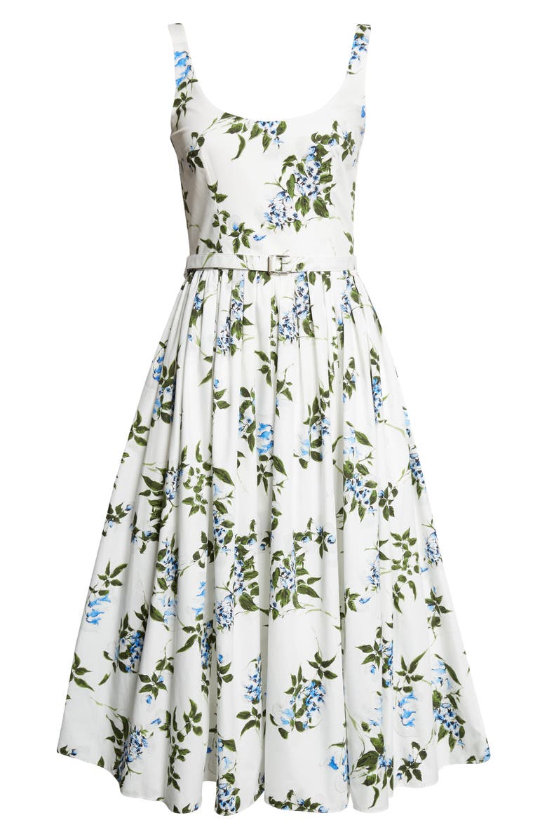Emilia Wickstead Eglantine Belted Midi Dress, Main, color, White-Lilac Lillies/ Cherry