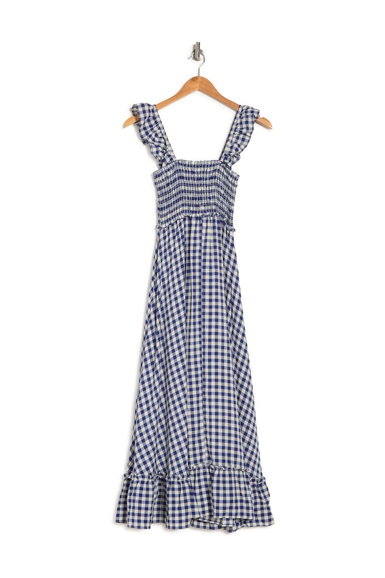 Yarn Dye Ruffle Sleeve Smocked Dress, Alternate, color, INDIGO/ CREAM