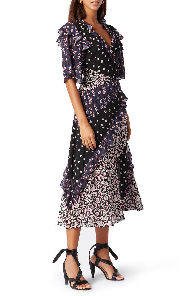 Joie Ambroise Patchwork Panel Cotton Crepe Midi Dress, Main, color,