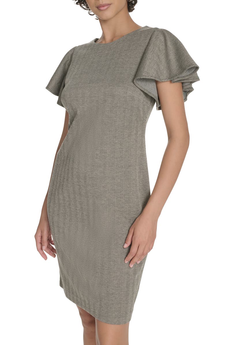 Tommy Hilfiger Flutter Sleeve Herringbone Sheath Dress, Alternate, color, Black Latte