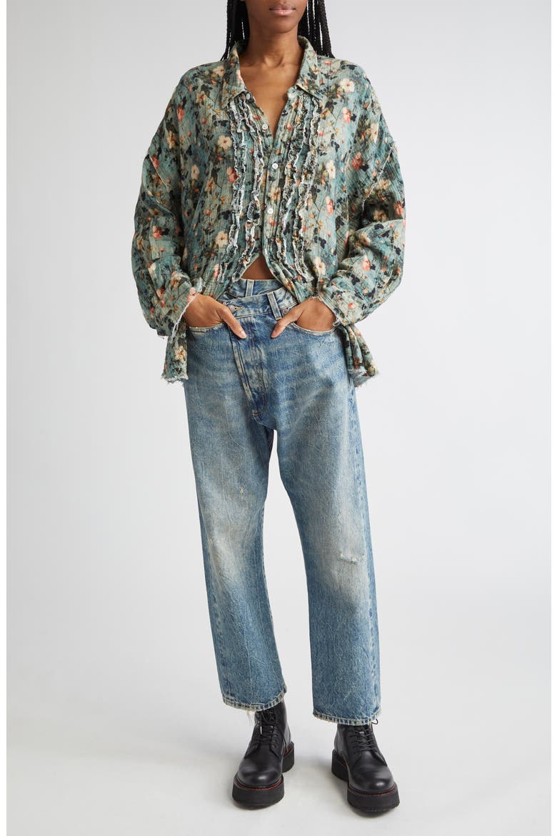 Shredded Seam Ruffle Button-Up Shirt, Alternate, color, TURQUOISE FLORAL