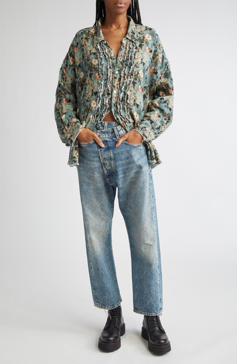 R13 Shredded Seam Ruffle Button-Up Shirt, Alternate, color, Turquoise Floral