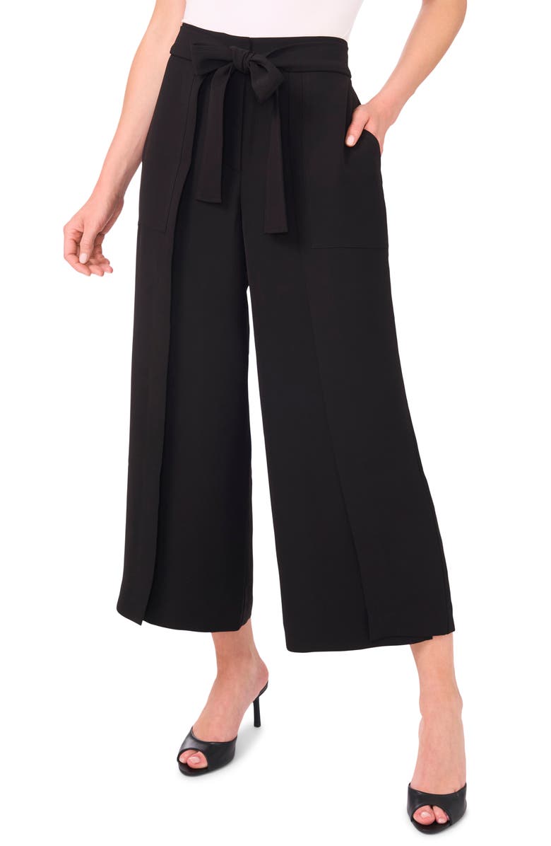 CeCe Tie Waist Crop Wide Leg Pants, Main, color, Rich Black