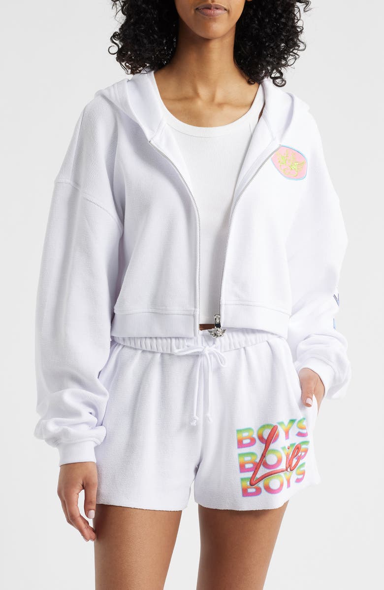 BOYS LIE Alex Gotta Jet Crop Cotton Terry Graphic Zip Hoodie, Main, color, White