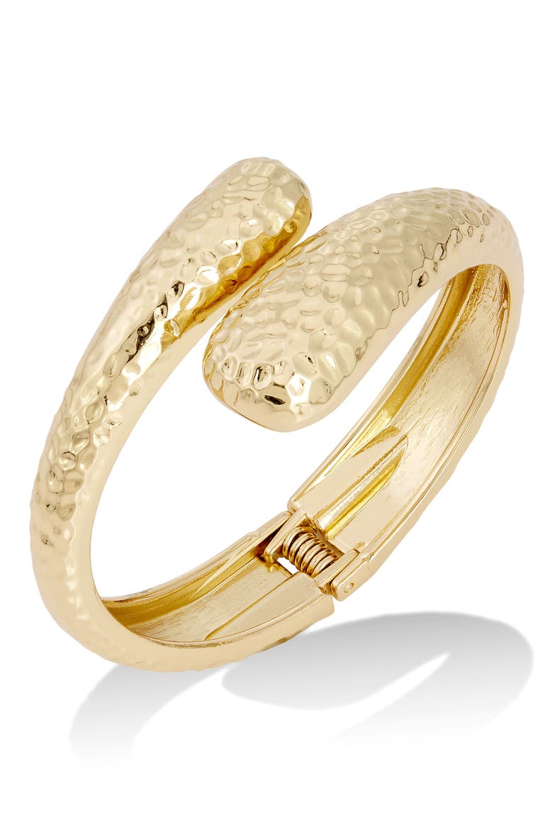 18K Gold Plated Hammered Crossover Bypass Bracelet, Main, color, YELLOW
