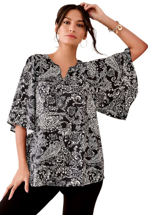 Notch Neck Flutter Sleeve Blouse