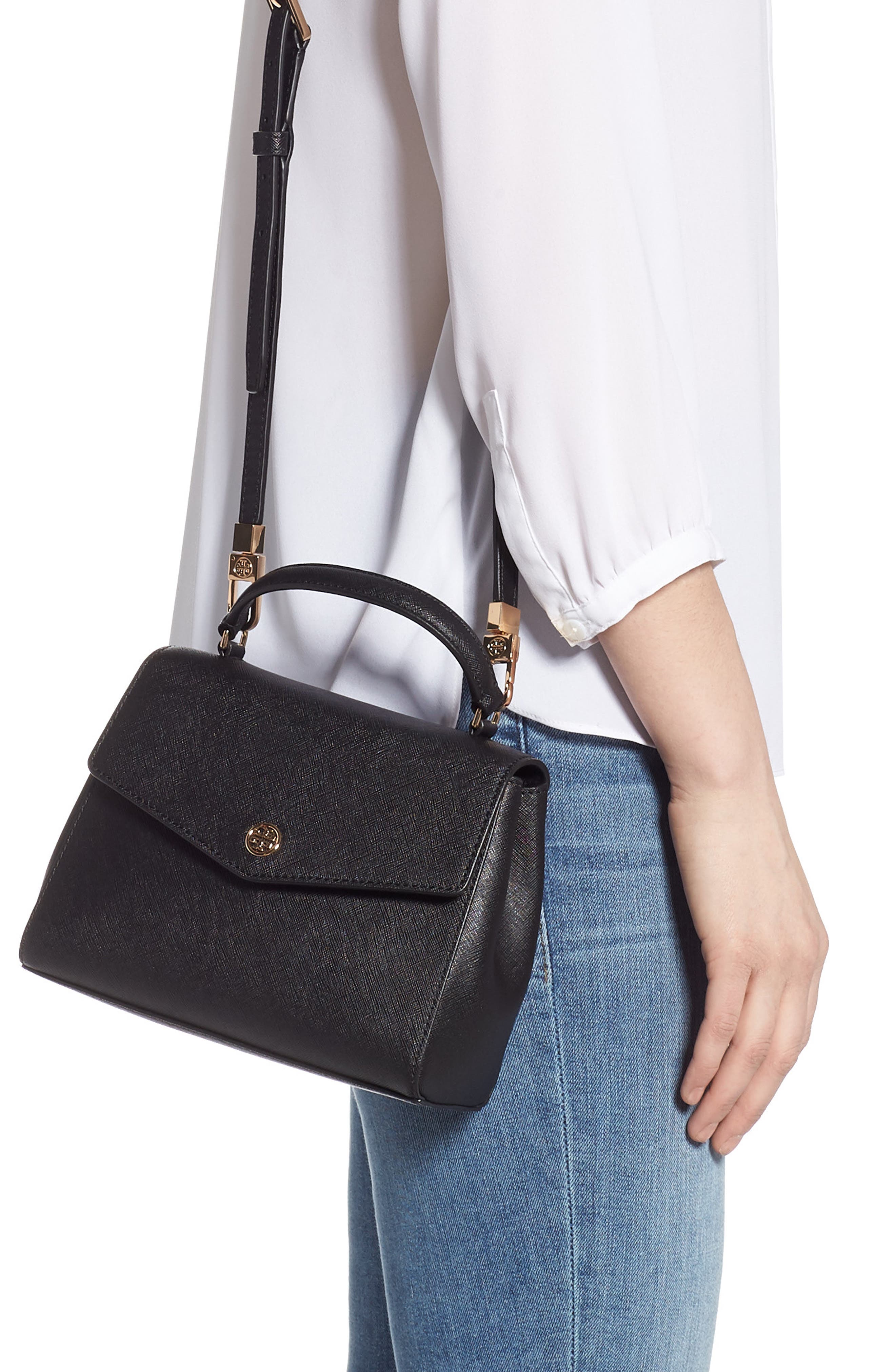 Tory Burch Small Robinson Saffiano Leather Top Handle Satchel, Alternate, color, 