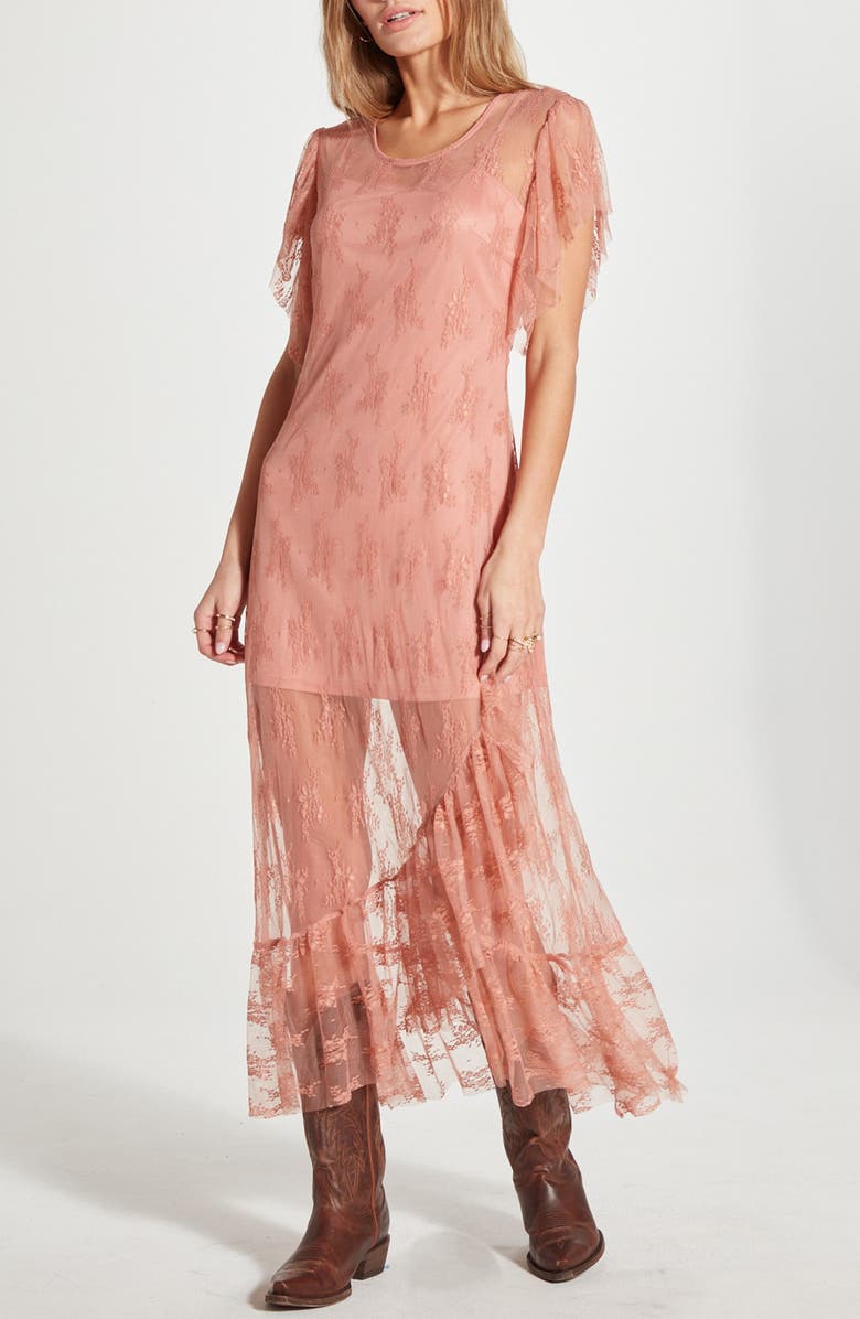 WISHLIST Sheer Lace Maxi Dress, Main, color, Clay