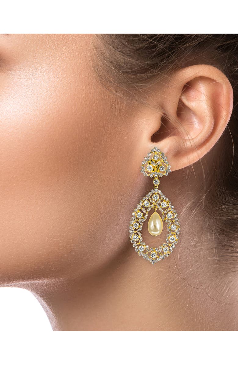 CZ by Kenneth Jay Lane Imitation Pearl Orbital Drop Earrings, Alternate, color, White/ Clear/ Gold