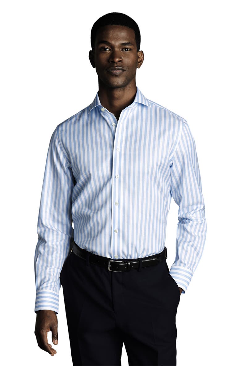 Charles Tyrwhitt Wide Stripe Non-Iron Twill Cutaway Slim Fit Shirt Single Cuff, Main, color, Sky Blue