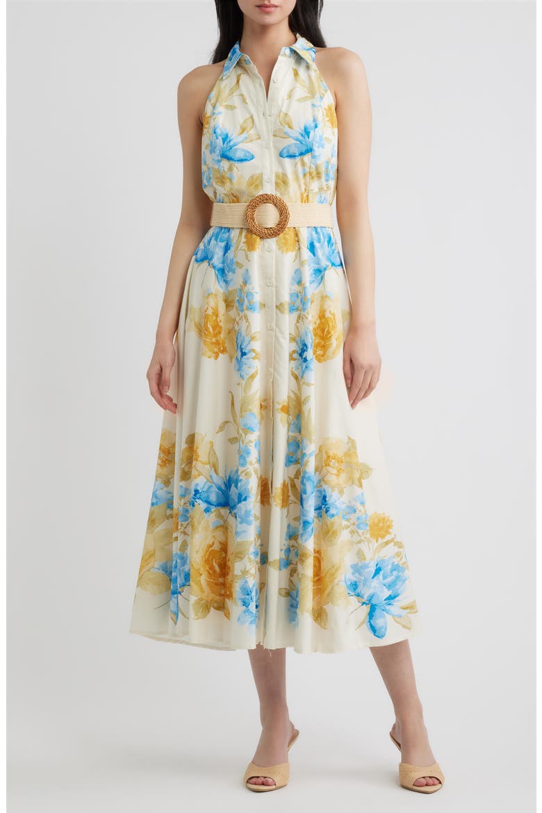 Floral Sleeveless Cotton Shirtdress, Main, color, IVORY BLUE