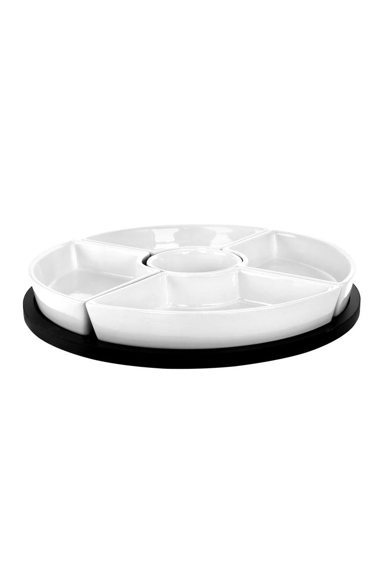 Gracious Dining 6 Piece Stoneware Sectional Serving Set with Revolving Wood Tray, Alternate, color, White