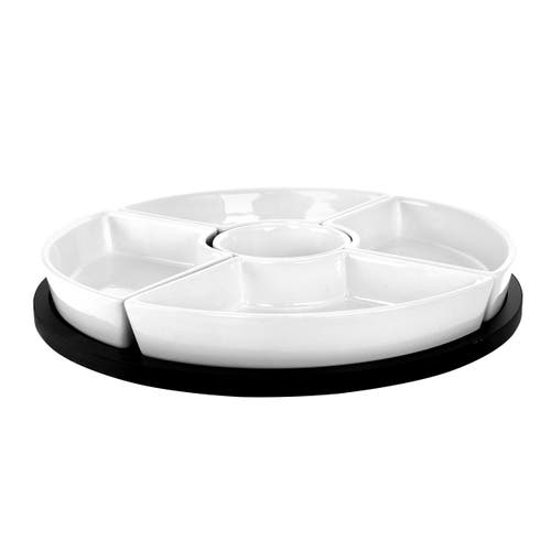 Gibson Elite Gracious Dining 6 Piece Stoneware Sectional Serving Set With Revolving Wood Tray In White