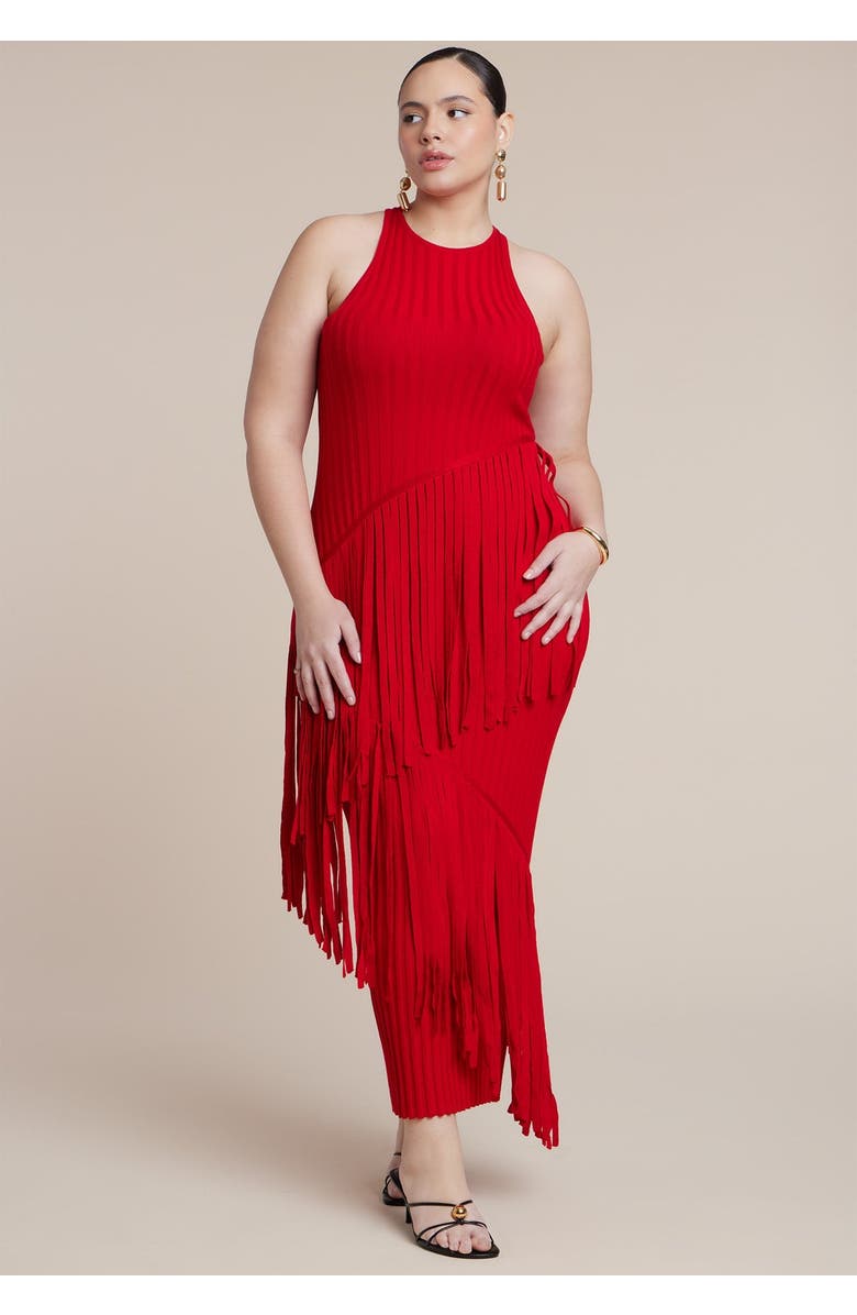 ELOQUII Ribbed Fringe Maxi Dress, Main, color, Goji Berry