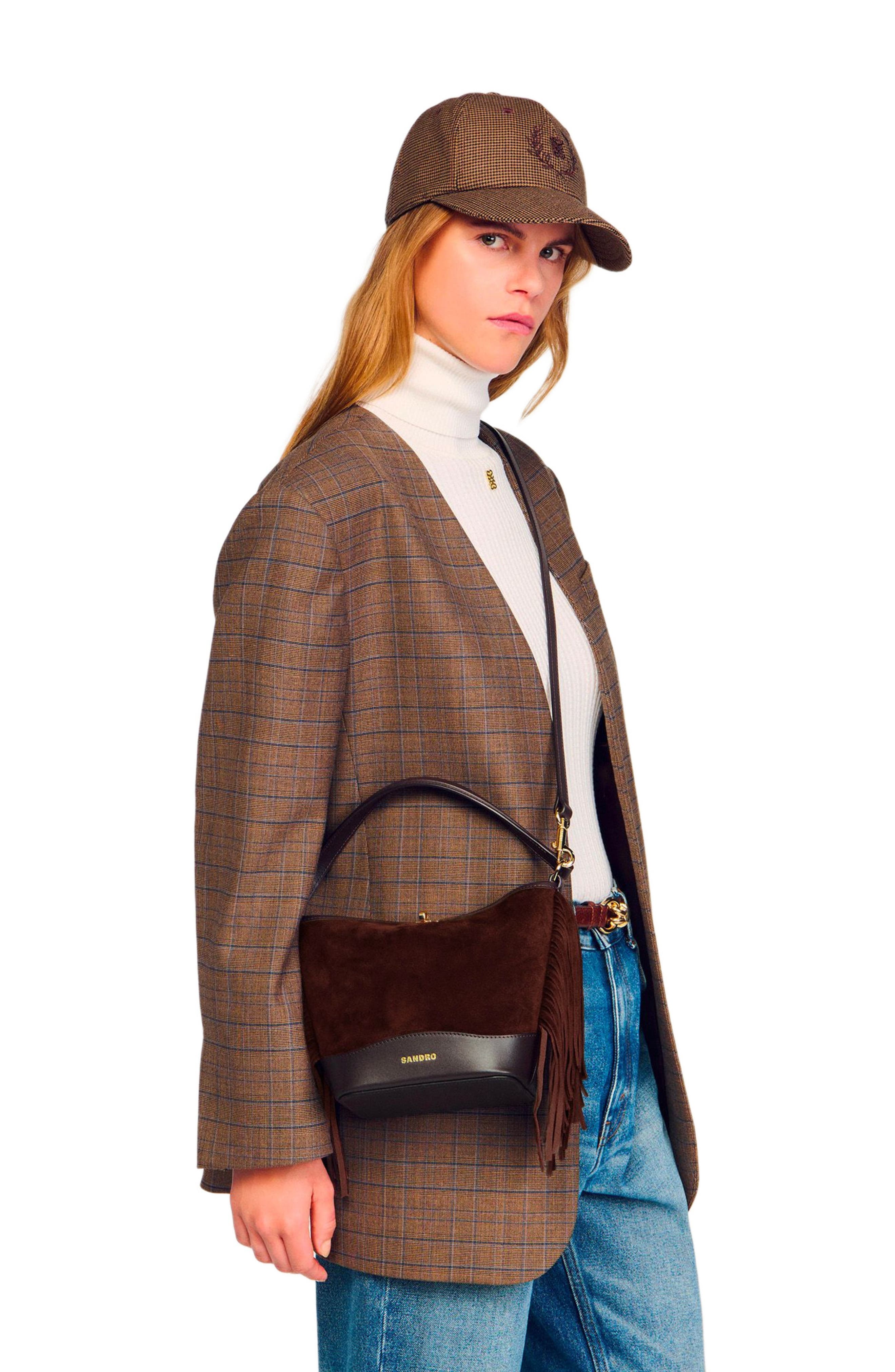 SANDRO TANGOSO fringed suede bag, Alternate, color, Mahogany