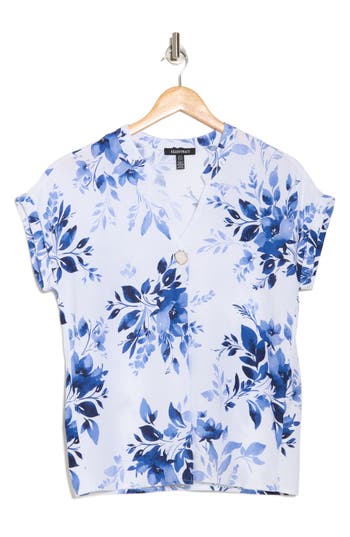 Ellen Tracy Front Pleat Linen-blend Top In Blue