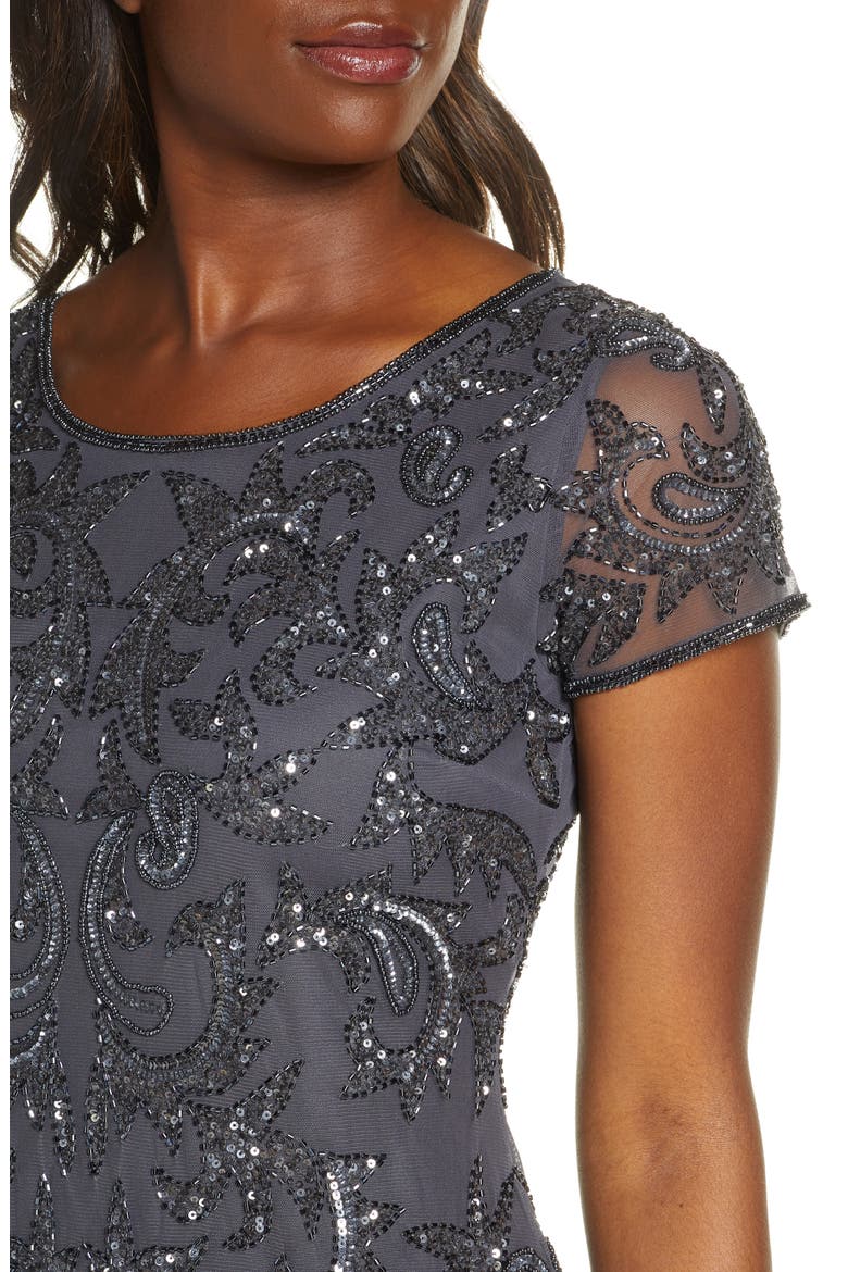 Beaded Mesh Cocktail Dress, Alternate, color, SLATE