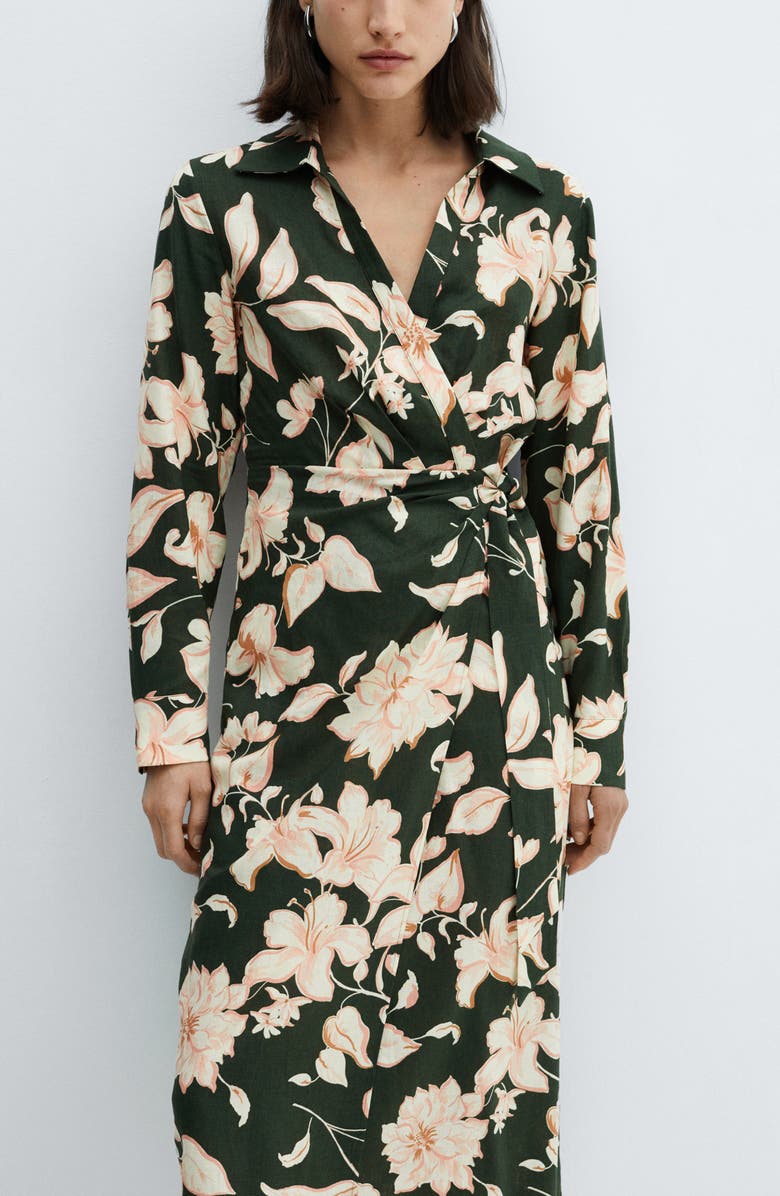 MANGO Carola Tie Waist Long Sleeve Dress, Alternate, color, Green