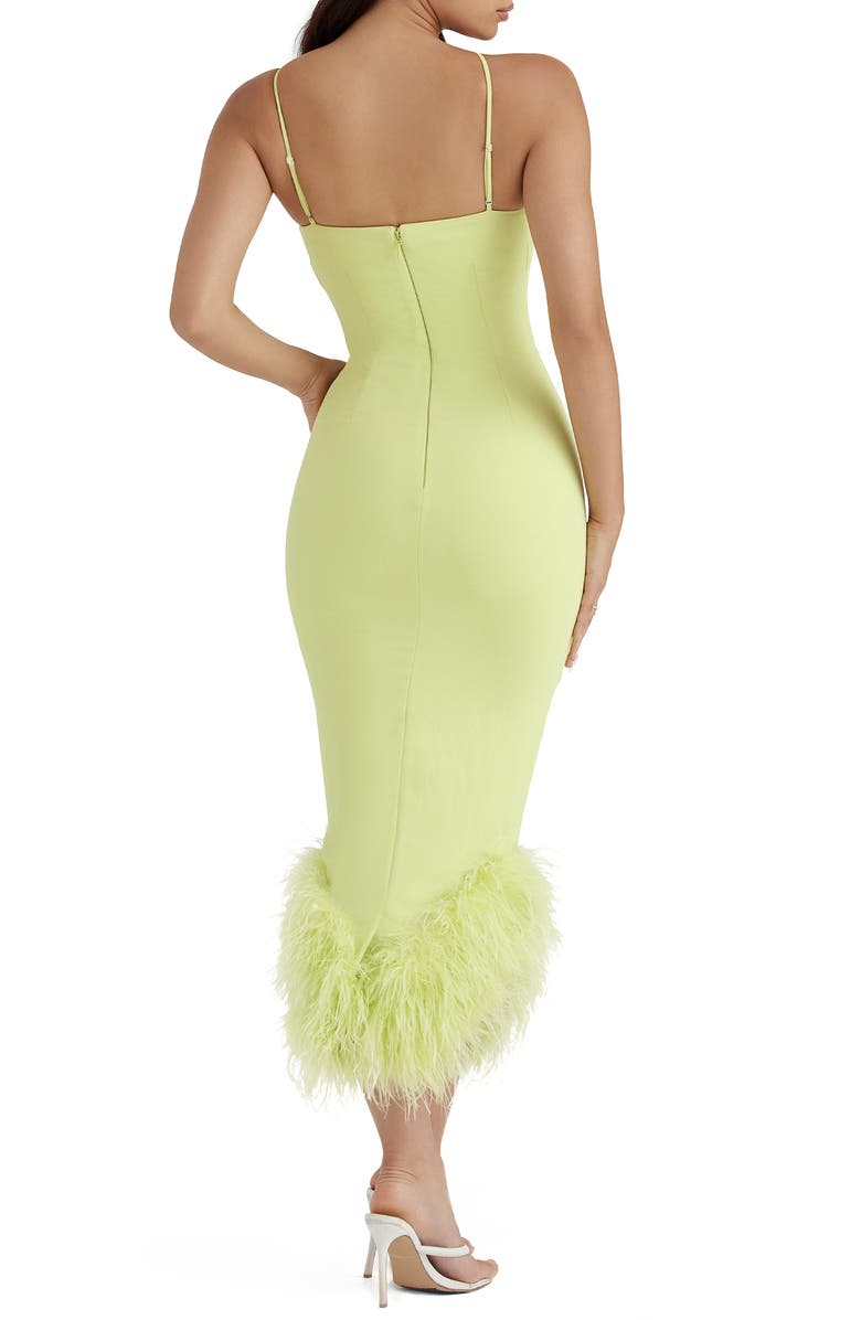HOUSE OF CB Alessia Asymmetric Feather Trim Midi Dress, Alternate, color, Lime