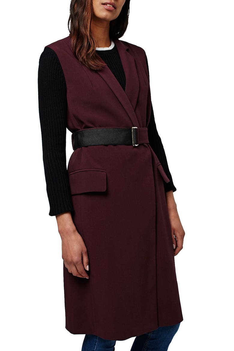 Sleeveless Belted Coat, Main, color, BURGUNDY