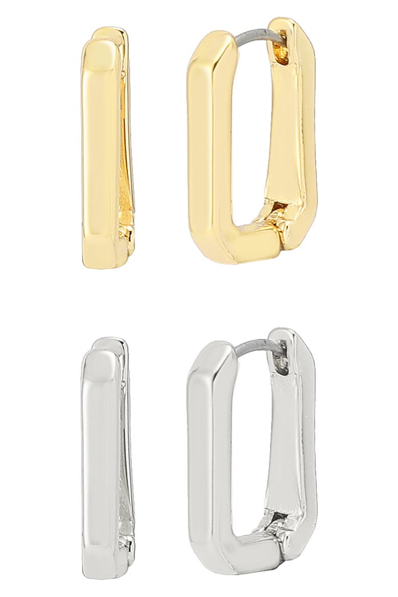 Set of 2 Two-Tone Hex Huggie Hoop Earrings, Alternate, color, GOLD/ RHODIUM