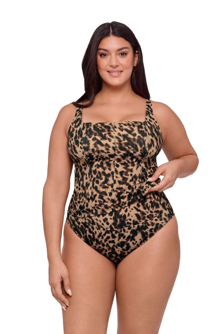 Supportive and Sculpting Square Neck Lace Back Tankini Swimsuit Top, Alternate, color, Dolce Leopard