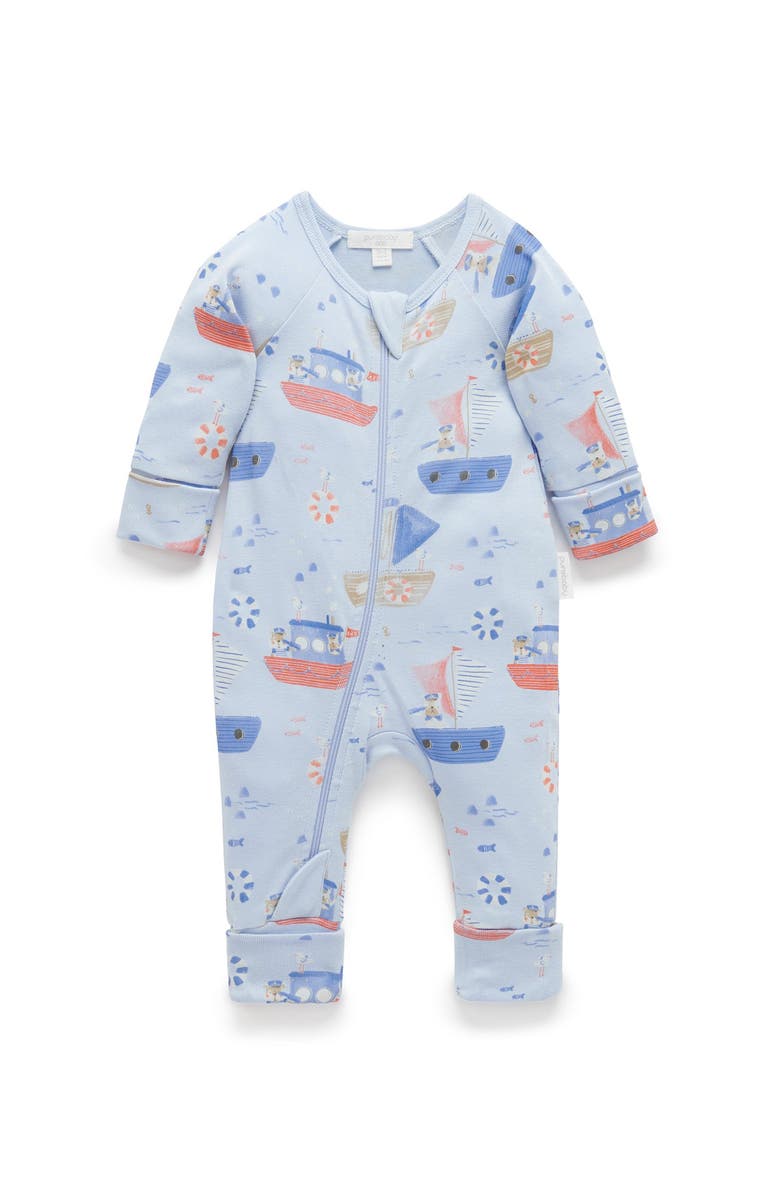 Purebaby Rib Zip Printed Romper Turtle Print, Main, color, Captain Doggy Print