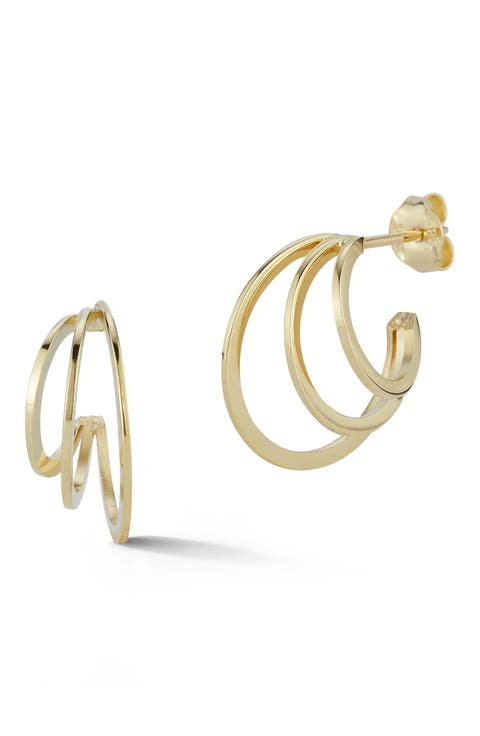 14K Gold Triple Ring Hoop Earrings