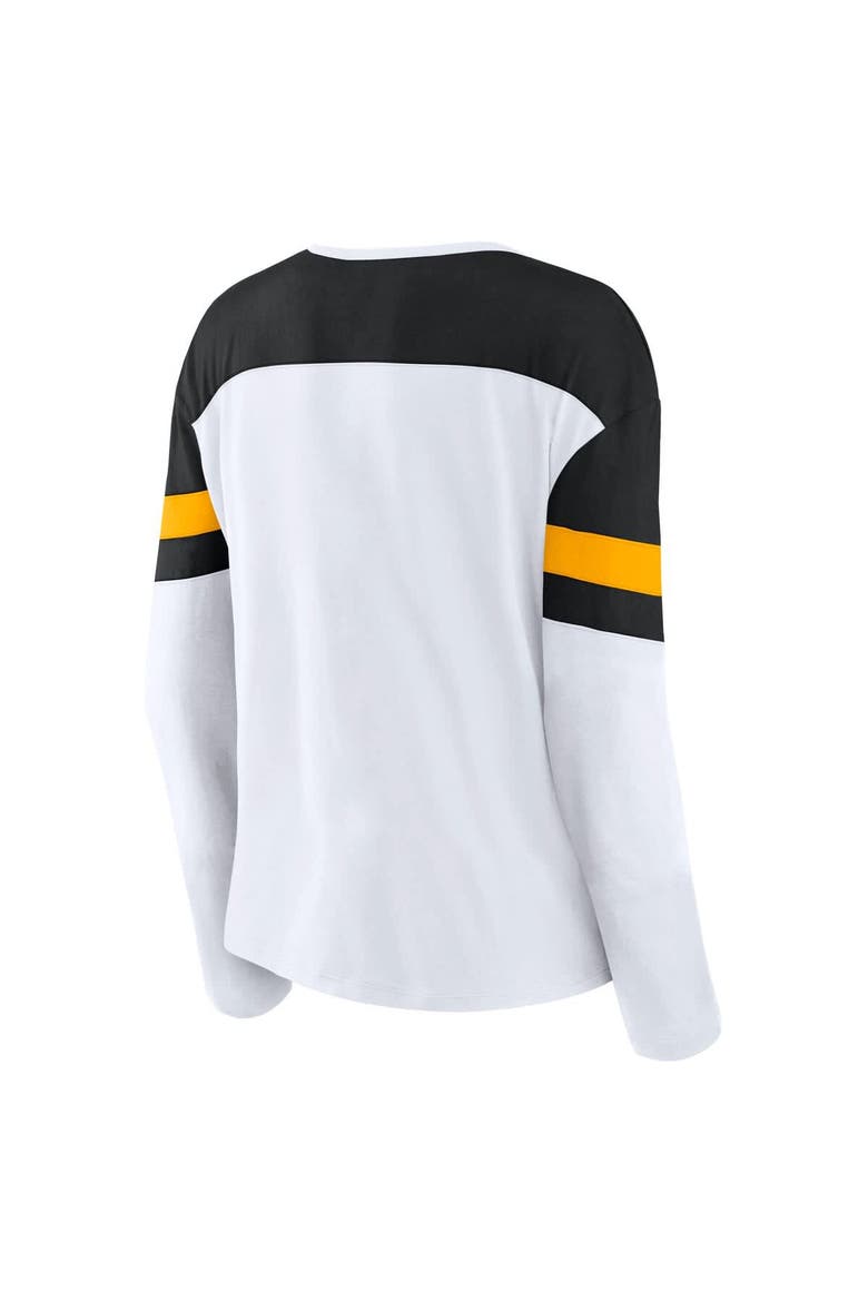 Women's Fanatics White/Black Boston Bruins Frozen Long Sleeve Notch Neck T-Shirt, Alternate, color, White