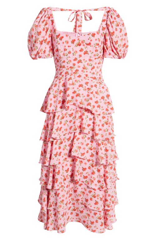 Wayf Agatha Floral Tiered Ruffle Midi Dress In Red Mni Roses