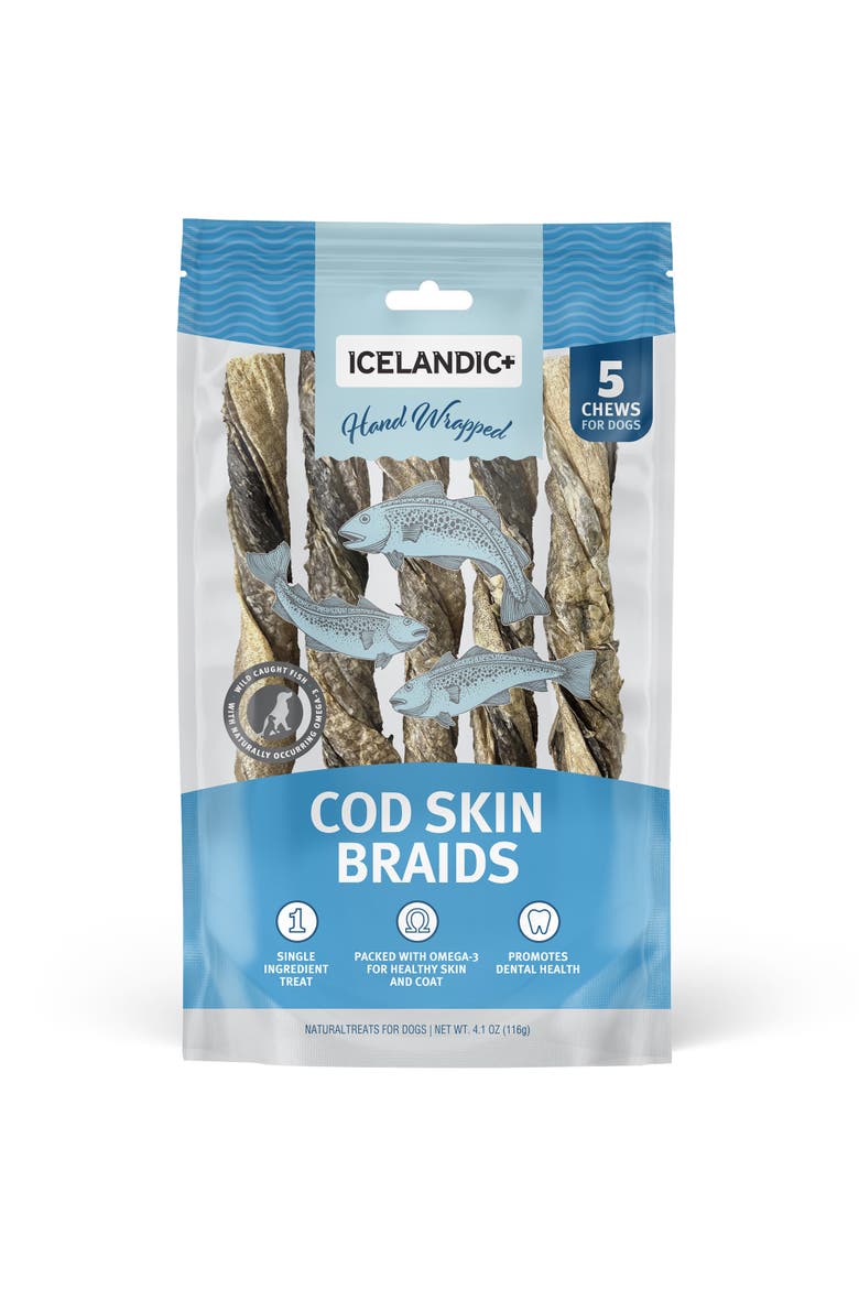 Cod Skin Braids - 5 Pack - Dog Treat Chews, 5.5-7" Sticks Pet Snack, Main, color, Multicolored