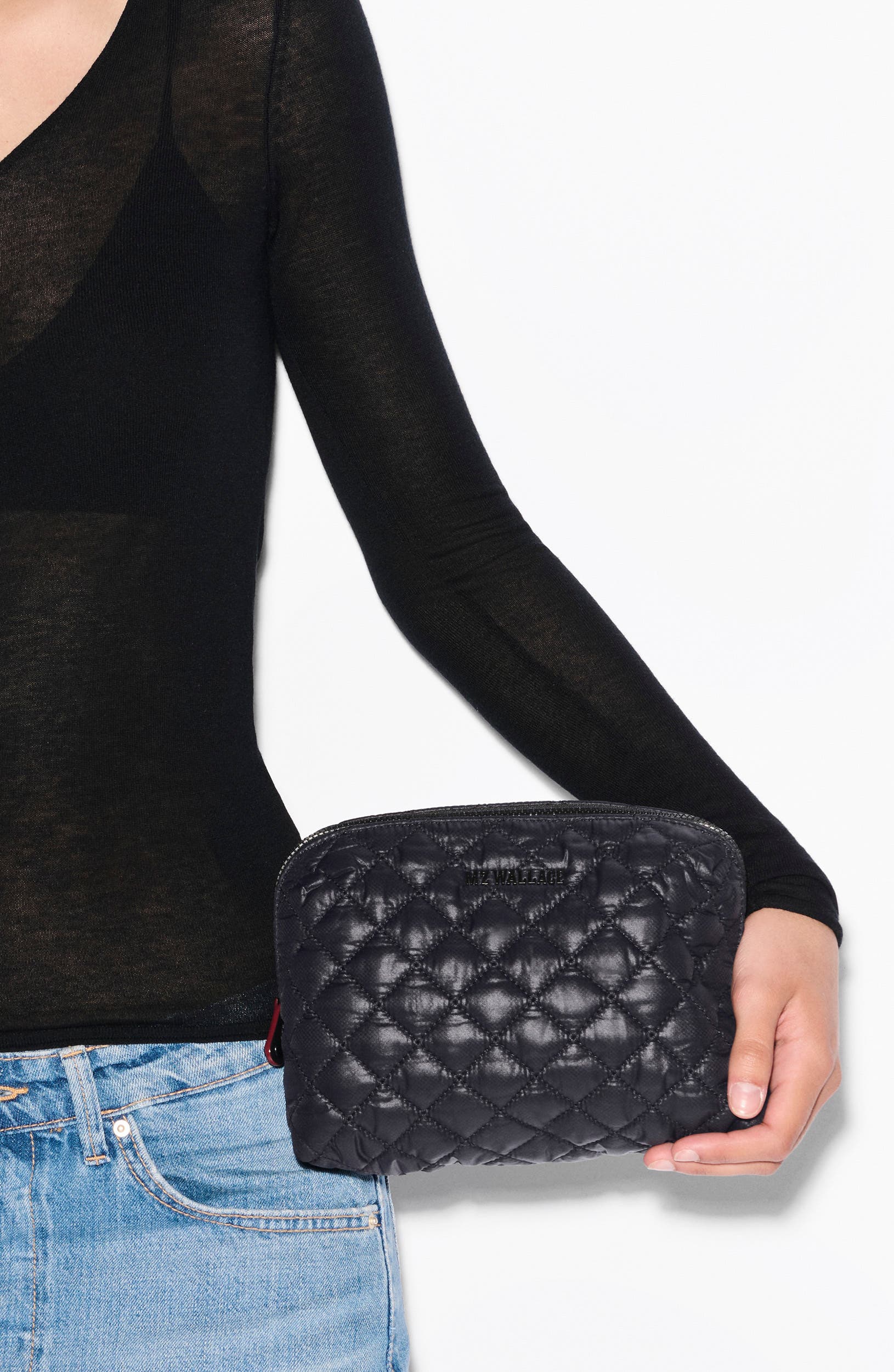 Medium Double Zip Quilted Cosmetics Pouch, Alternate, color, BLACK