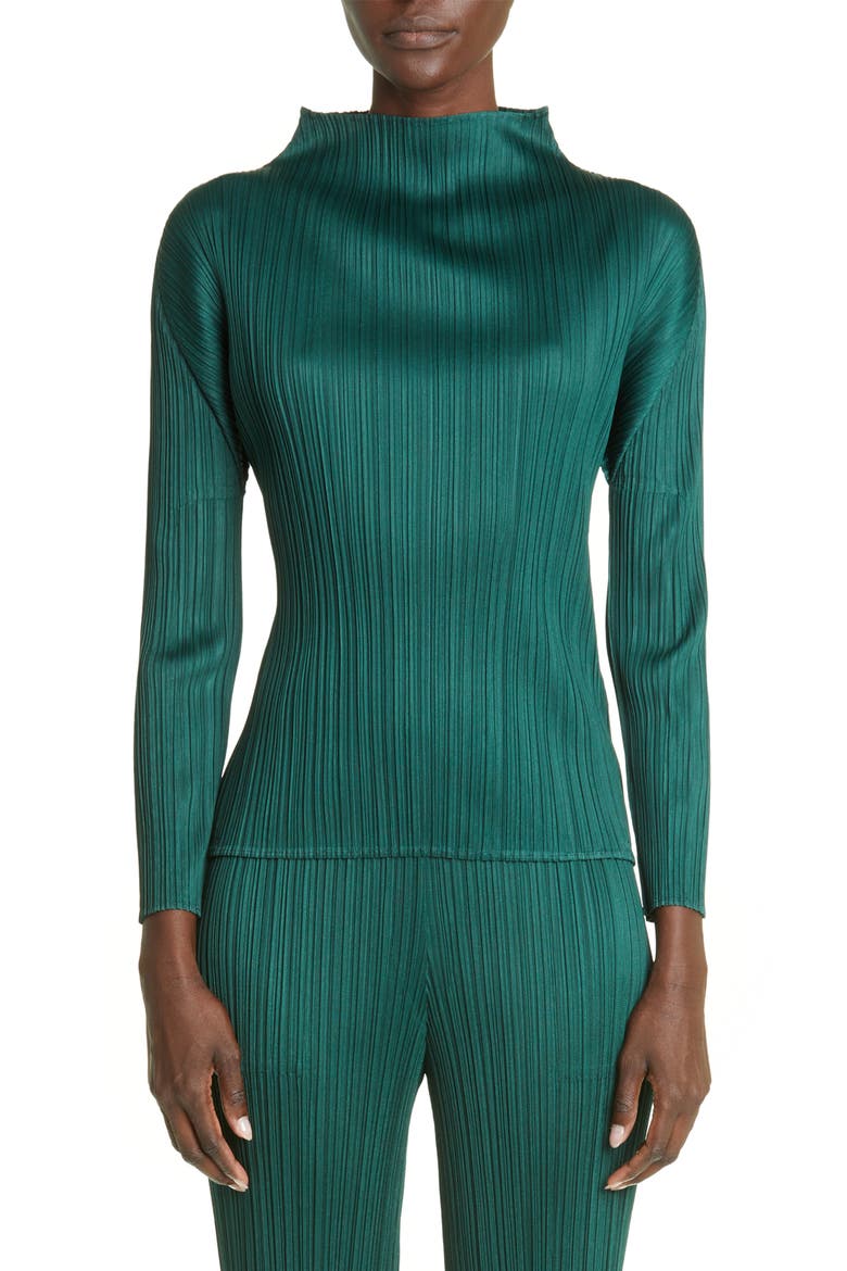 New Colorful Basics 3 Pleated Funnel Neck Top, Main, color, DARK GREEN