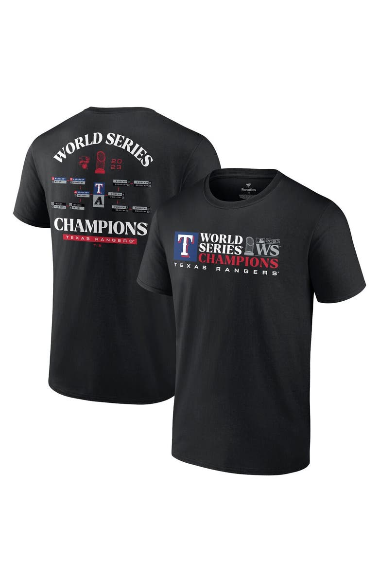 FANATICS Men's Fanatics Branded Black Texas Rangers 2023 World Series Champions Milestone Schedule T-Shirt, Main, color, 