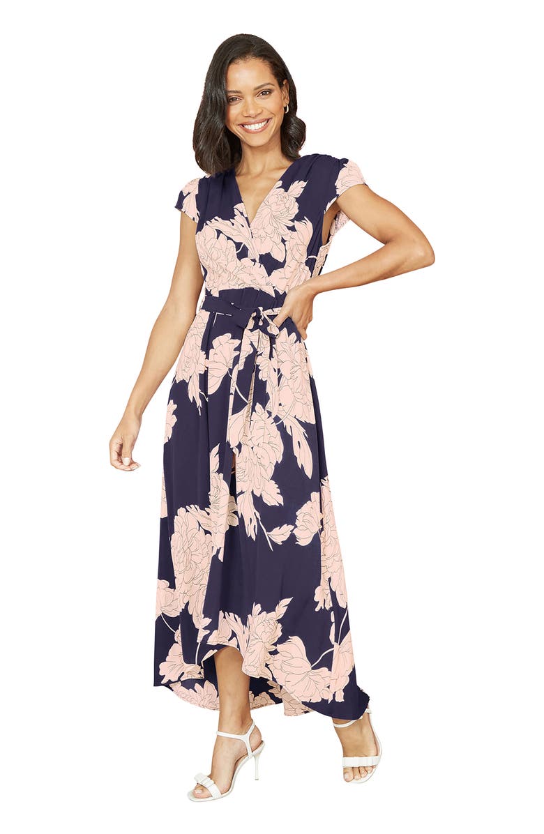 Yumi Blossom Print Dipped Hem Wrap Midi Dress, Main, color, Navy