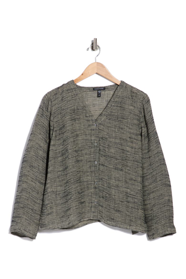 V-Neck Organic Linen Blend Button-Up Top, Alternate, color, BLACK/ NATURAL