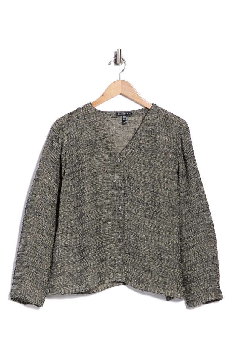 Eileen Fisher V-Neck Organic Linen Blend Button-Up Top, Main, color, Black/ Natural