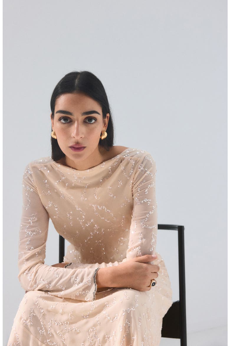 Long Sleeve Sequin Dress, Alternate, color, ECRU