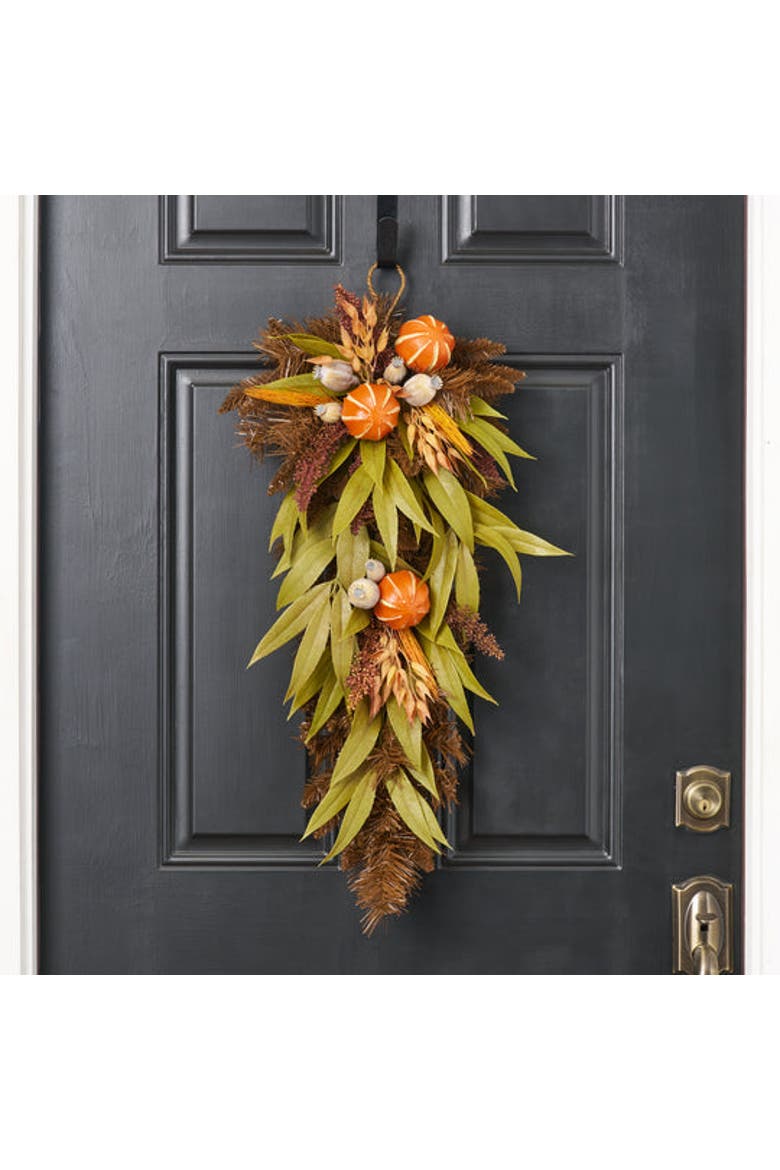 Wild Harvest - Faux Orange, Olive Green Eucalyptus & Wheat Fall Door Handing Swag, Alternate, color, Beige