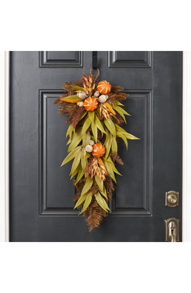 Darby Creek Trading Wild Harvest - Faux Orange, Olive Green Eucalyptus & Wheat Fall Door Handing Swag, Alternate, color, Beige