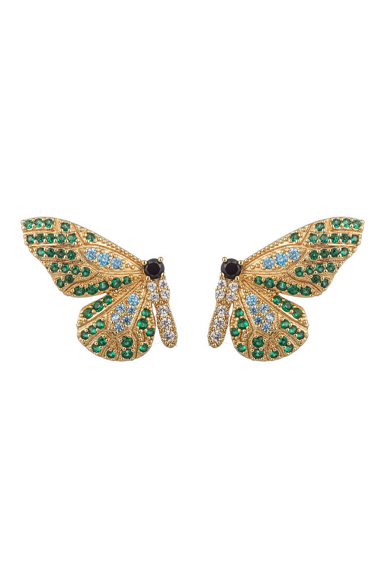 Pave CZ Split Monarch Butterfly Drop Earrings, Main, color, GREEN
