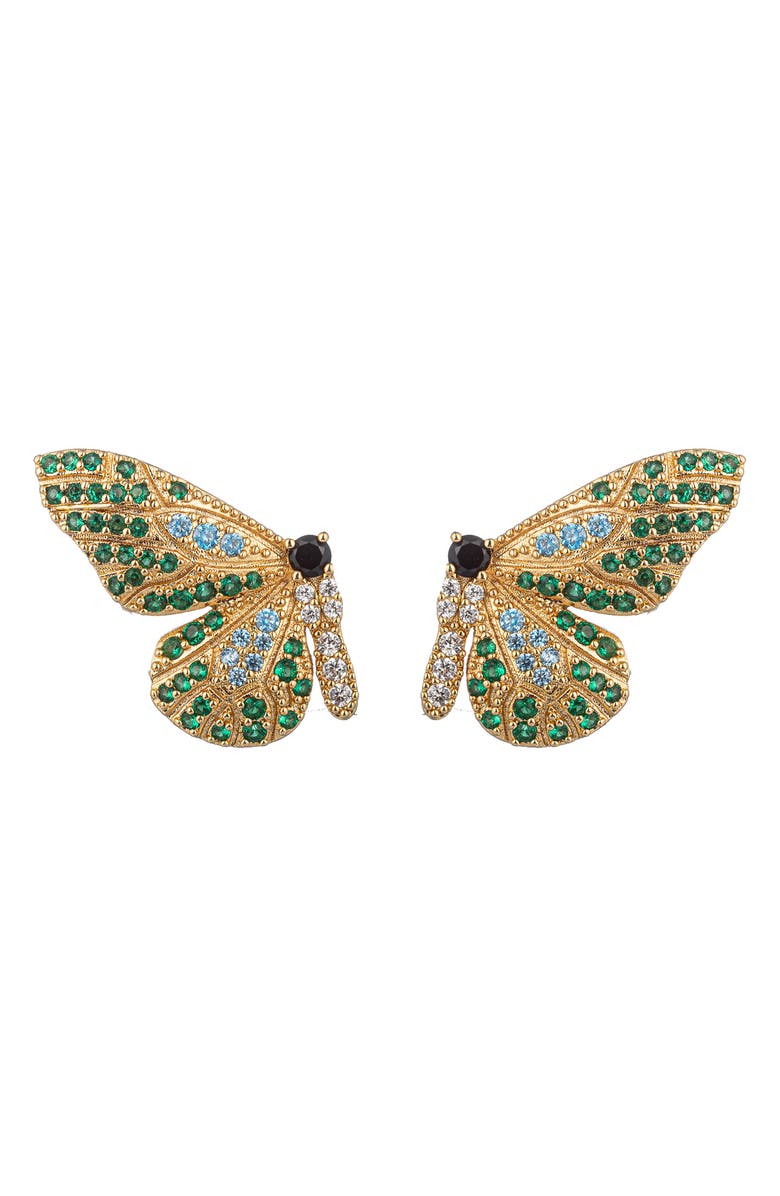 EYE CANDY LOS ANGELES Pave CZ Split Monarch Butterfly Drop Earrings, Main, color, Green